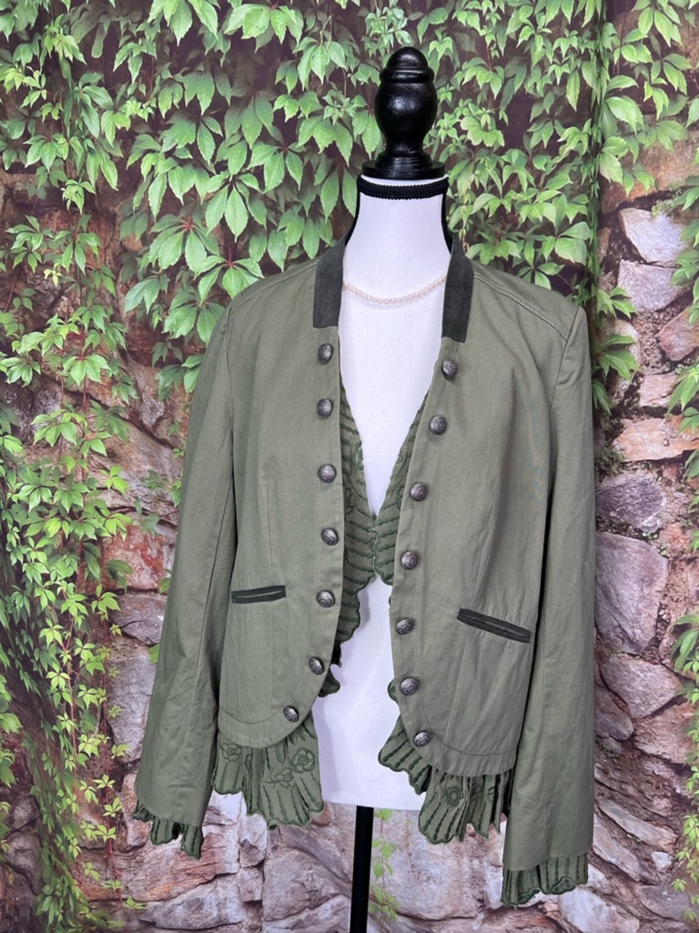 SUNDANCE Olive Ruffle Trim Boho Embroidery Military/Band Jacket, S - Picture 2 of 13
